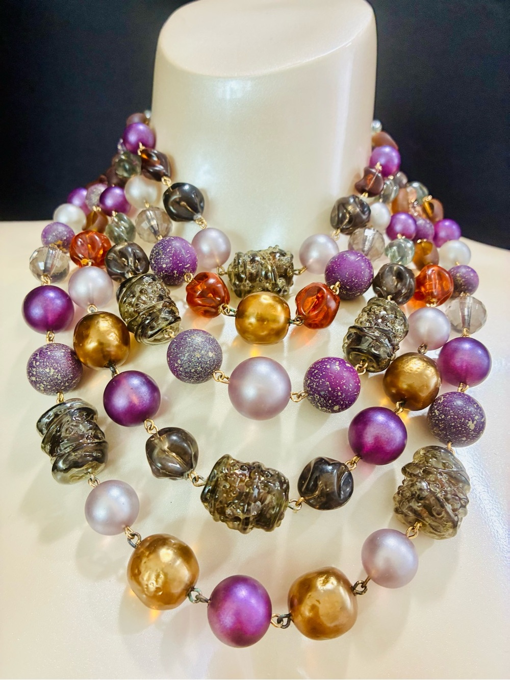 VTG Runway Layered Purple & Gold Resin Textured Bead Necklace Dramatic Elegant